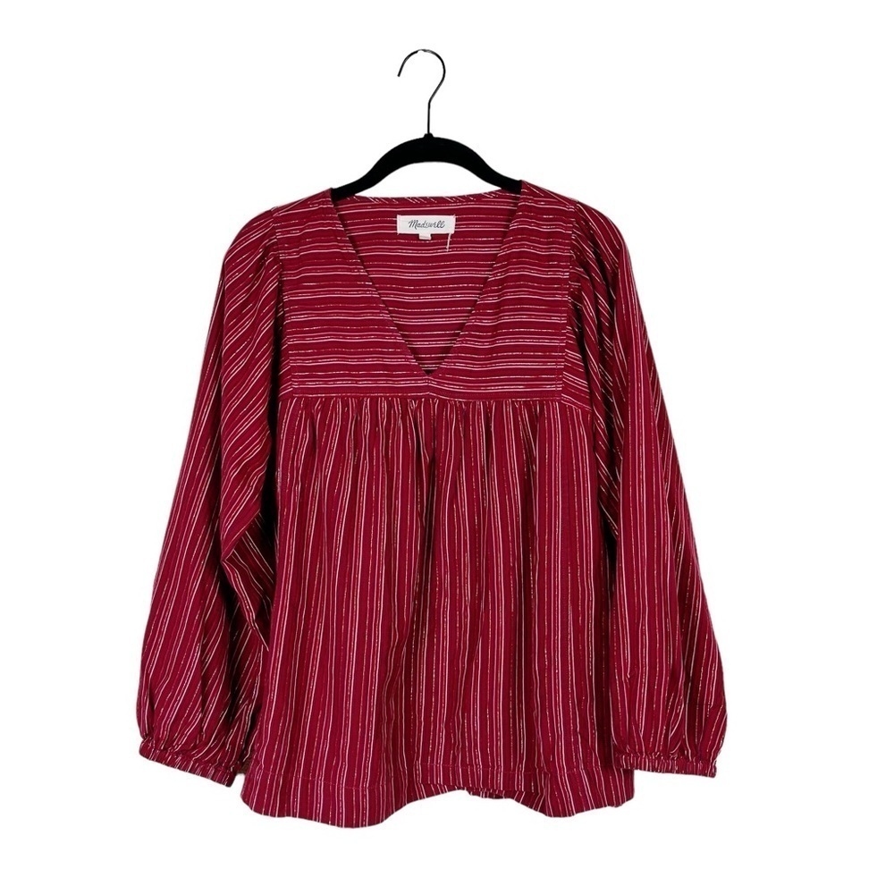 Madewell Swingy Peasant Top in Metallic Stripe V-Neck Red Cotton Size Small